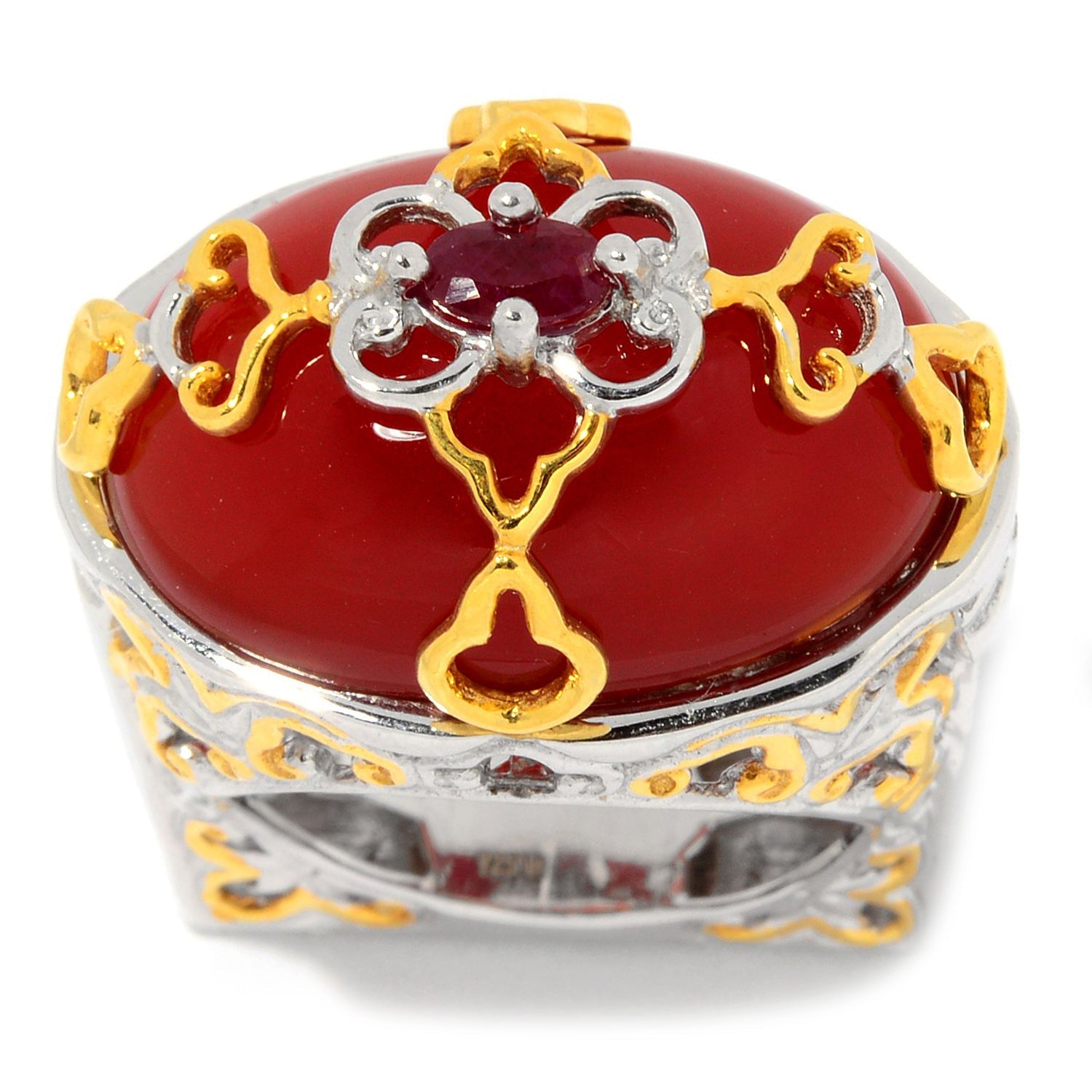 Gems en Vogue Red Chalcedony & Ruby Scrollwork Overlay Euro Shank Ring