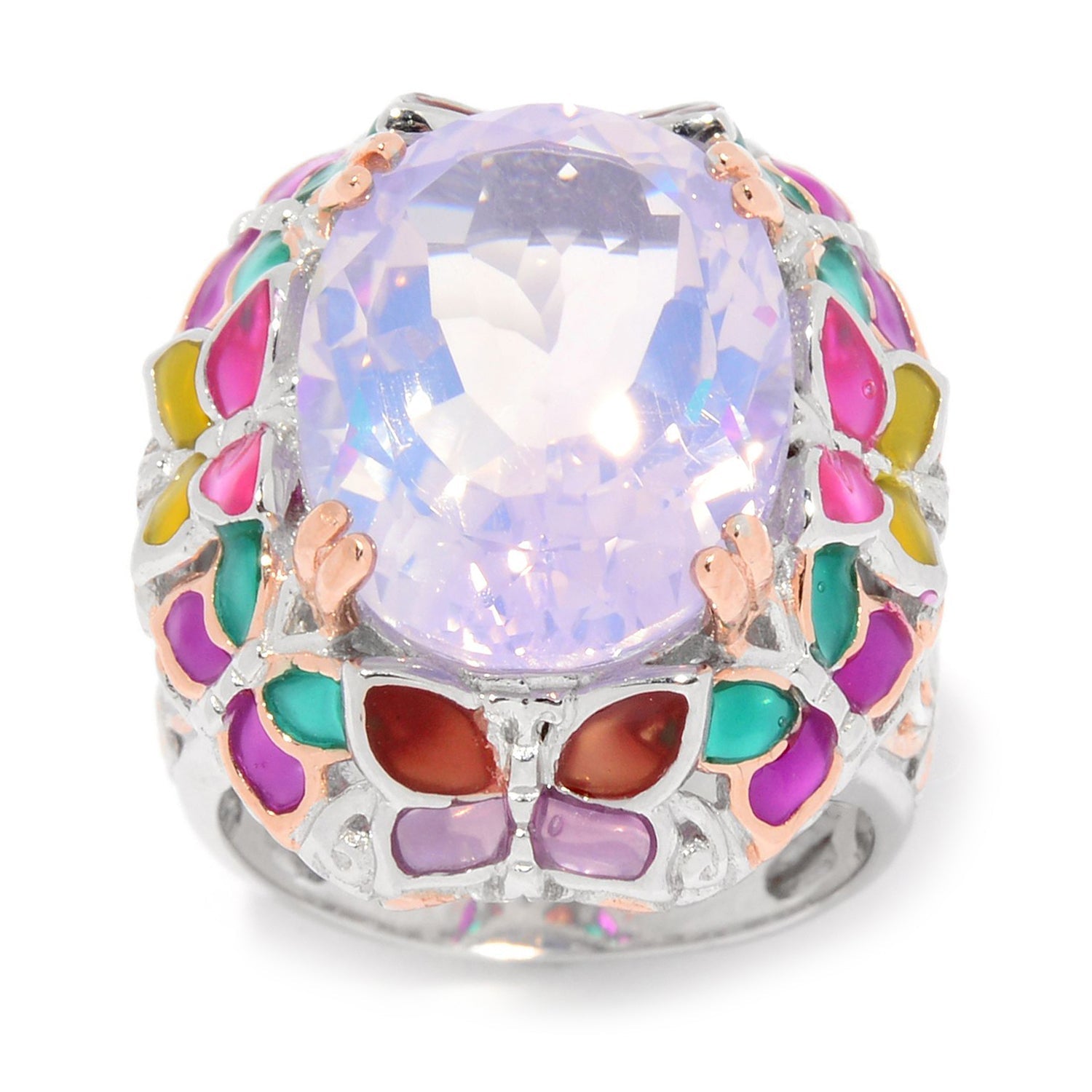 Gems en Vogue 7.23ctw Pink Amethyst & Multi Color Butterfly Enamel Ring