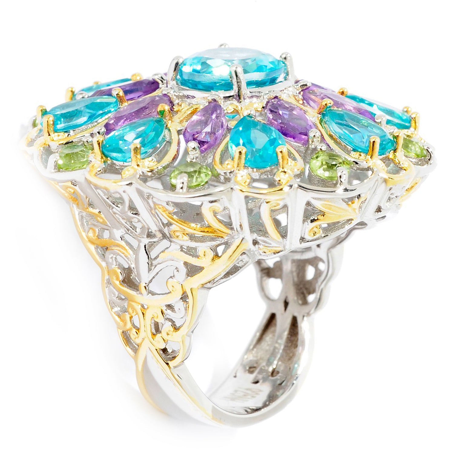 Gems en Vogue 9.22ctw Paraiba Color Topaz & Multi Gemstone Flower Ring