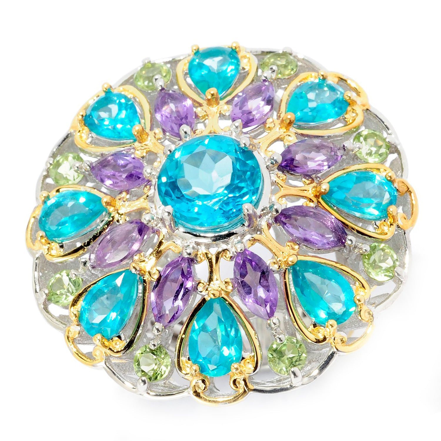 Gems en Vogue 9.22ctw Paraiba Color Topaz & Multi Gemstone Flower Ring