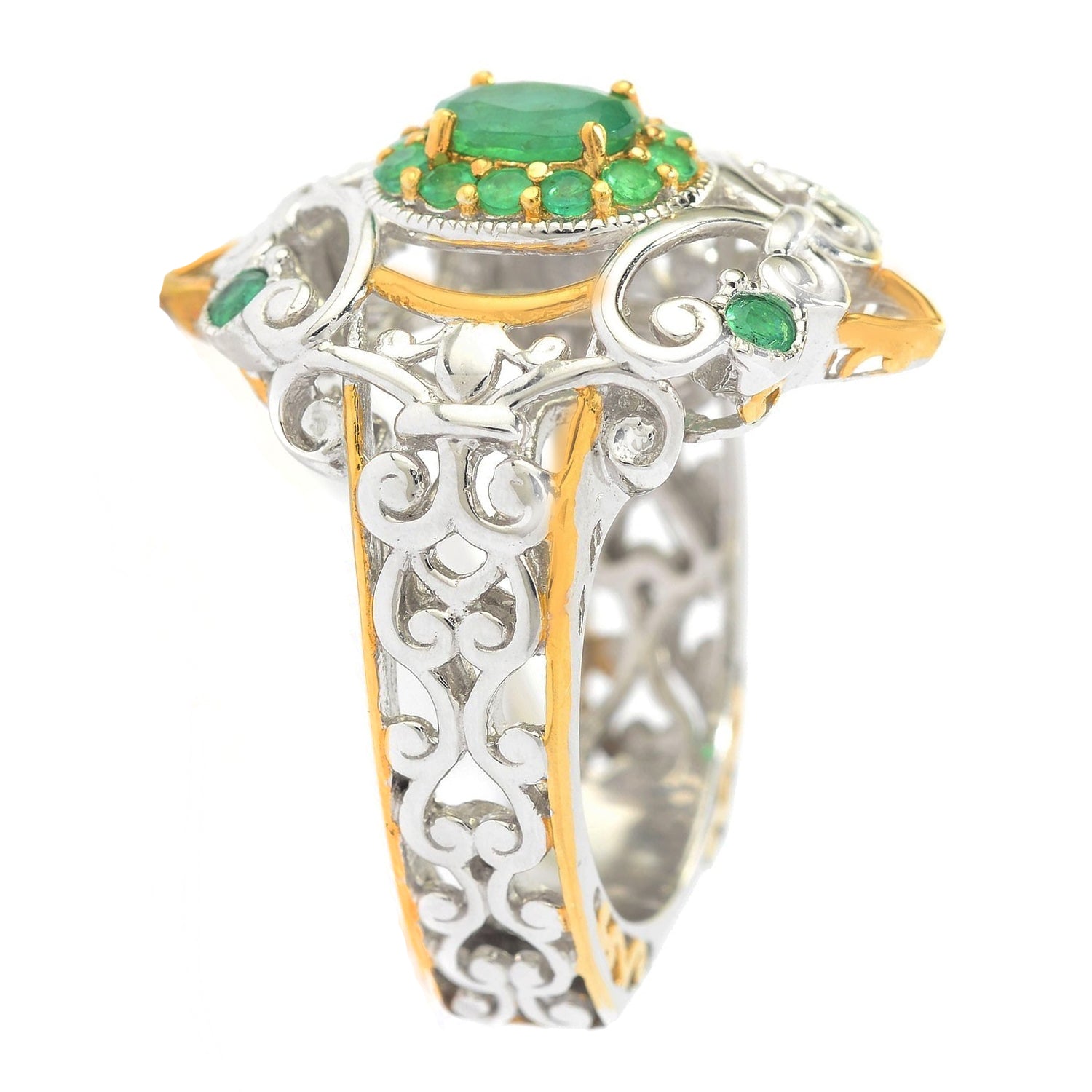 Gems en Vogue 0.76ctw Emerald Cut-out Detailed Scrollwork Halo Ring