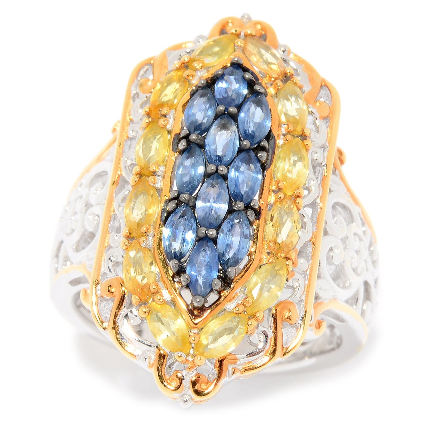 Gems en Vogue 1.98ctw Ceylon Blue & Yellow Sapphire Cluster Ring