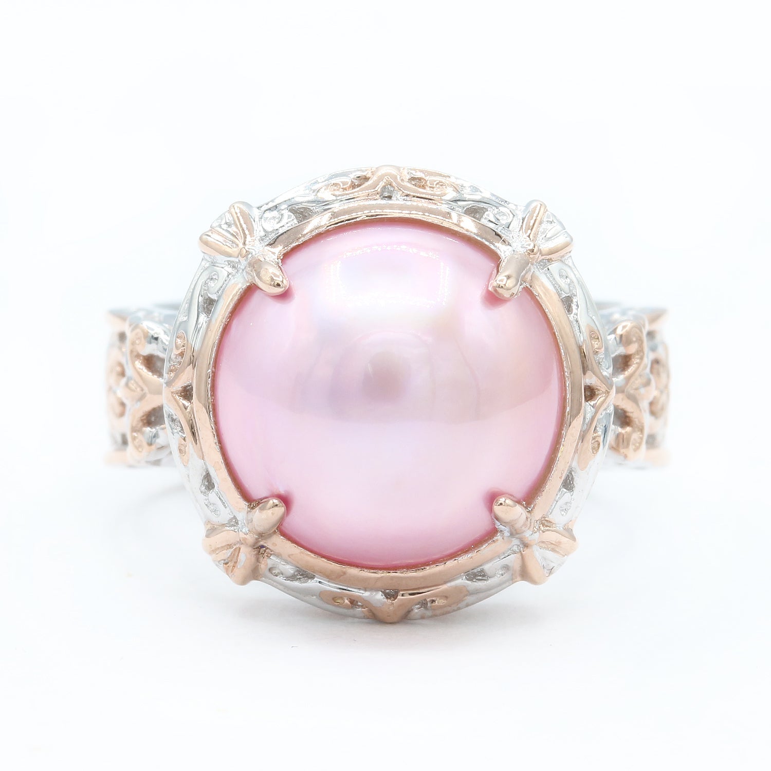 Gems en Vogue your choice of Seafoam Green or Pink Mabe Pearl Cultured Pearl Scrollwork Ring