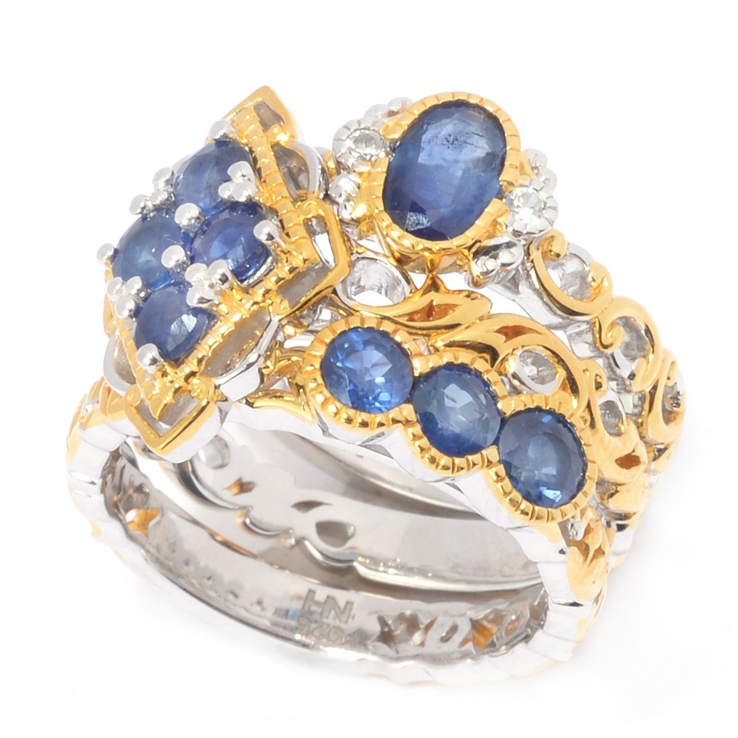 Gems en Vogue 2.01ctw Set of Three Royal Blue Sapphire & White Zircon Stack Rings - CANNOT BE RESIZED.