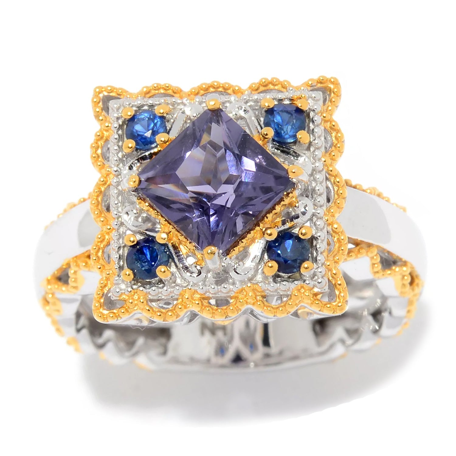 Gems en Vogue 2.40ctw Princess Cut Blue Amethyst & Blue Sapphire or Ruby Ring