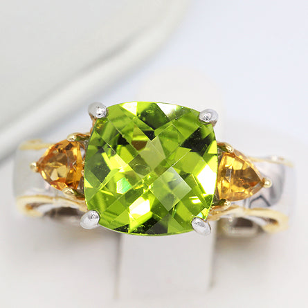 Gems en Vogue 4.75ctw Cushion Shaped Peridot & Citrine Ring