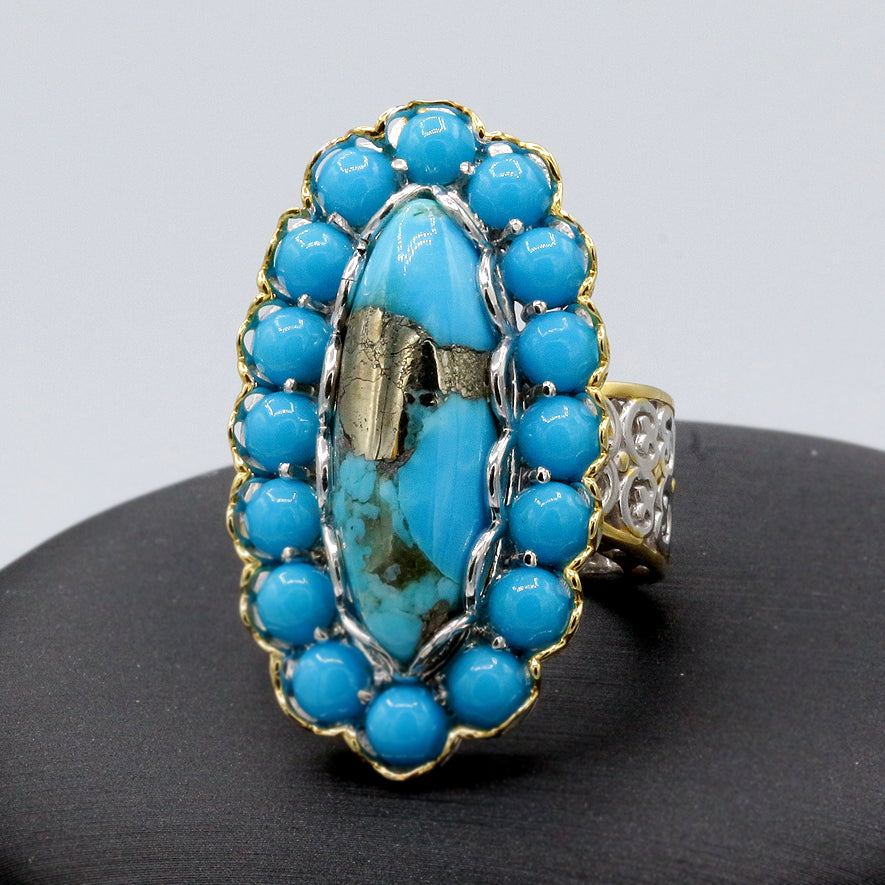 Gems en Vogue Pyrite Turquoise & Kingman Turquoise Halo Ring