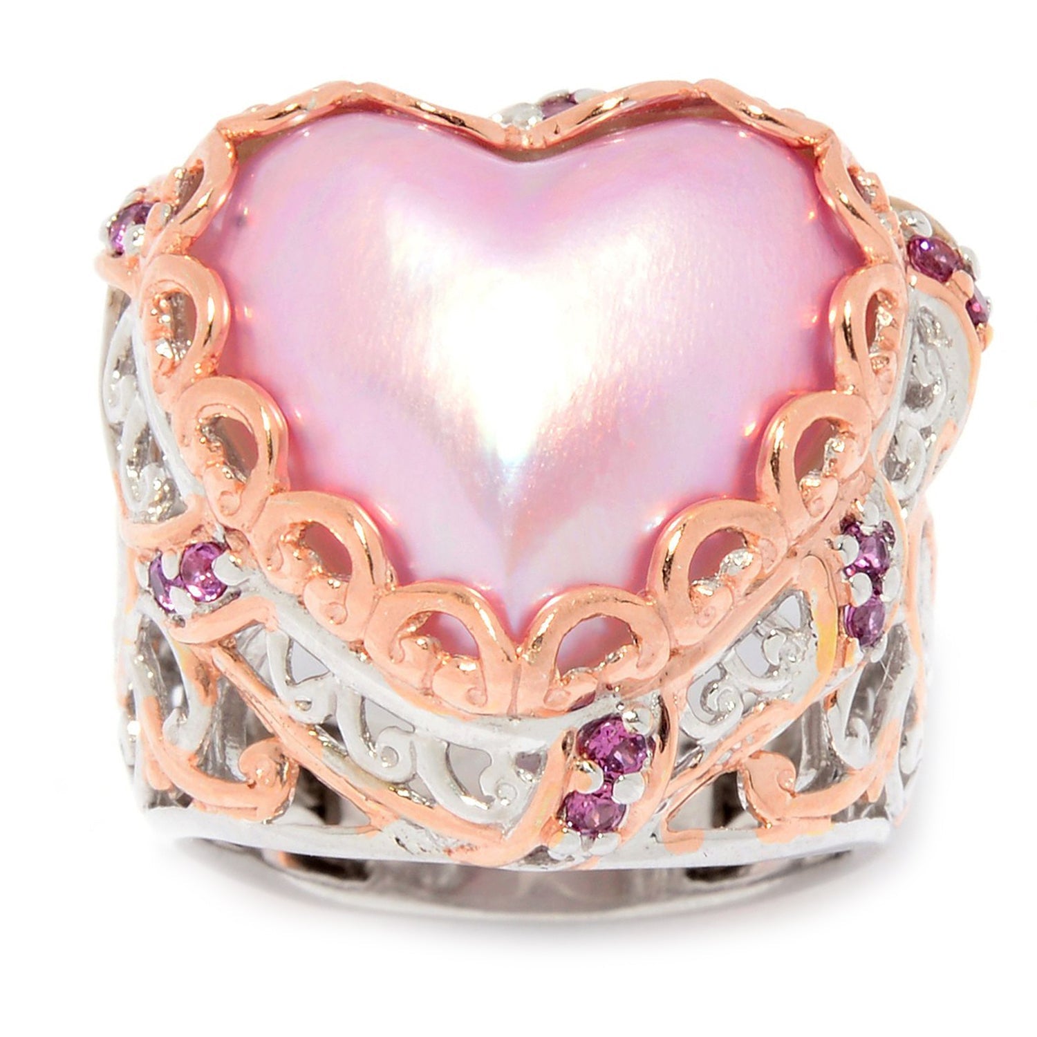 Gems en Vogue Pink Mabe Cultured Pearl & Rhodolite Heart Ring