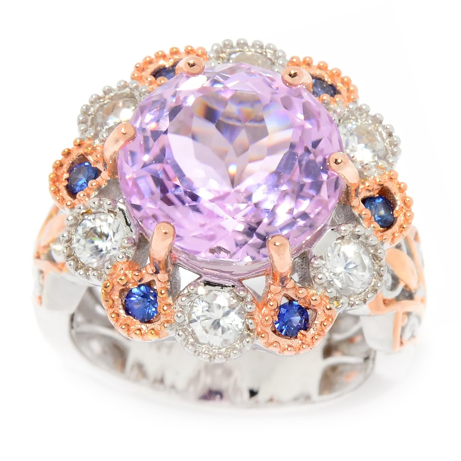 Gems en Vogue 9.36ctw Kunzite Blue Sapphire & White Zircon Halo Ring