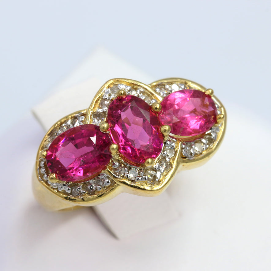 Gems en Vogue 2.58ctw Rubellite Three Stone and Diamond Ring