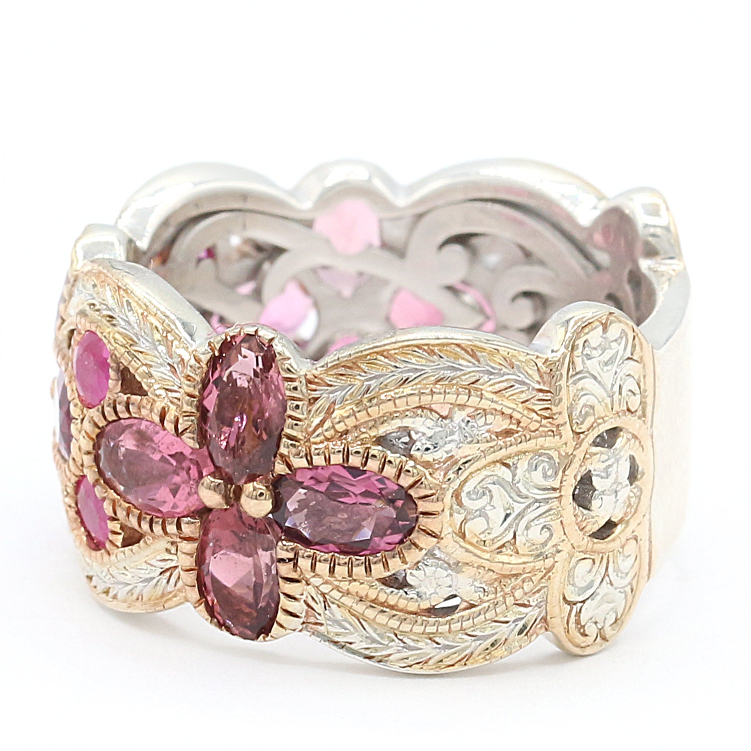 Gems en Vogue 3.14ctw Pink Tourmaline & Ruby Hand Engraved Band Ring