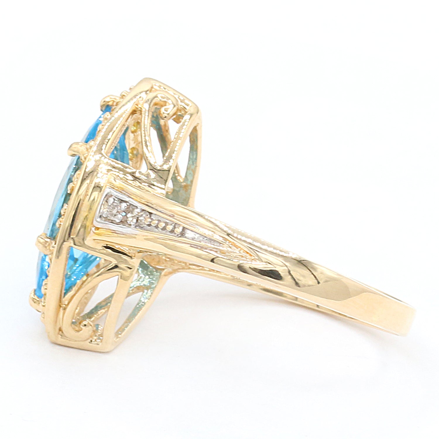 Golden Jewel 14K Yellow Gold 3.56ctw Marquise Super Swiss Blue Topaz Yellow Sapphire & Diamond Halo Ring