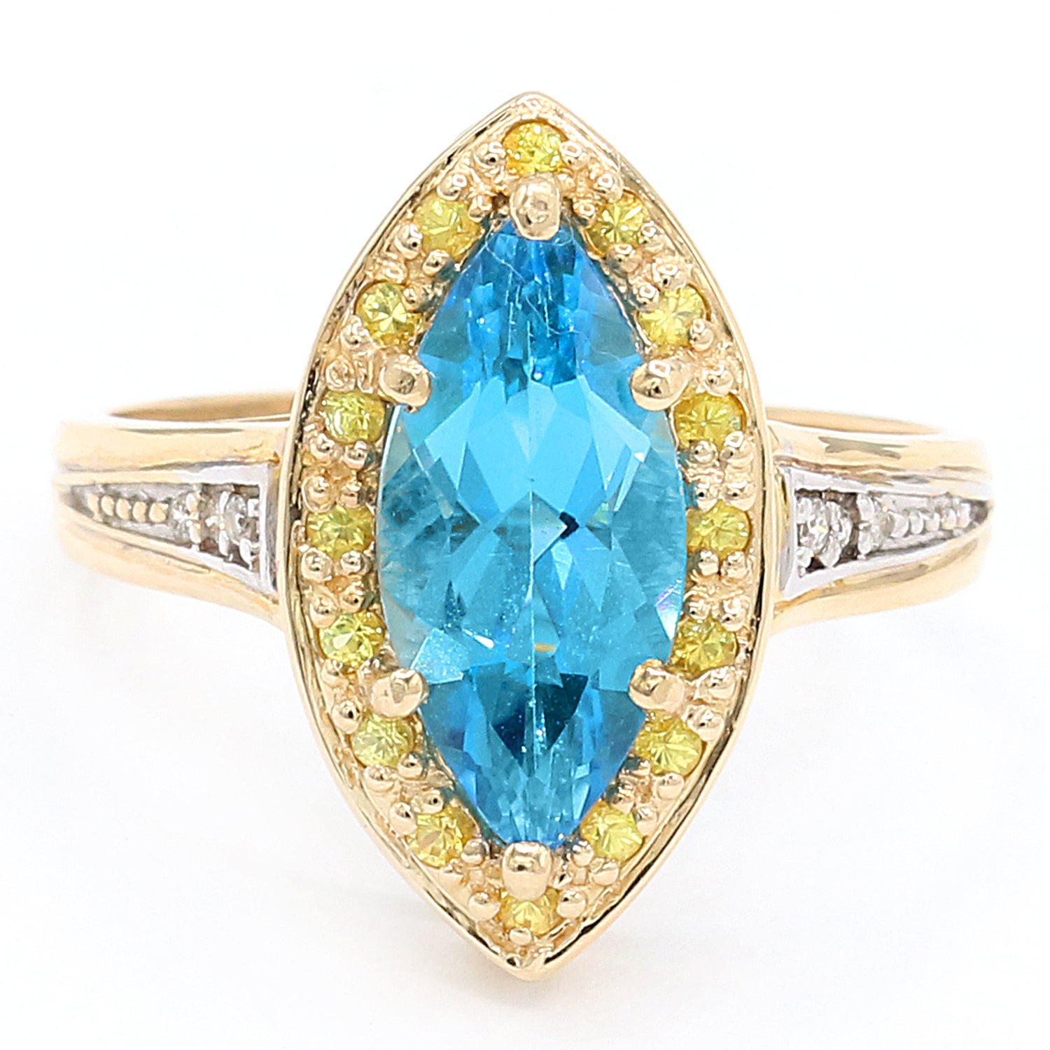 Golden Jewel 14K Yellow Gold 3.56ctw Marquise Super Swiss Blue Topaz Yellow Sapphire & Diamond Halo Ring