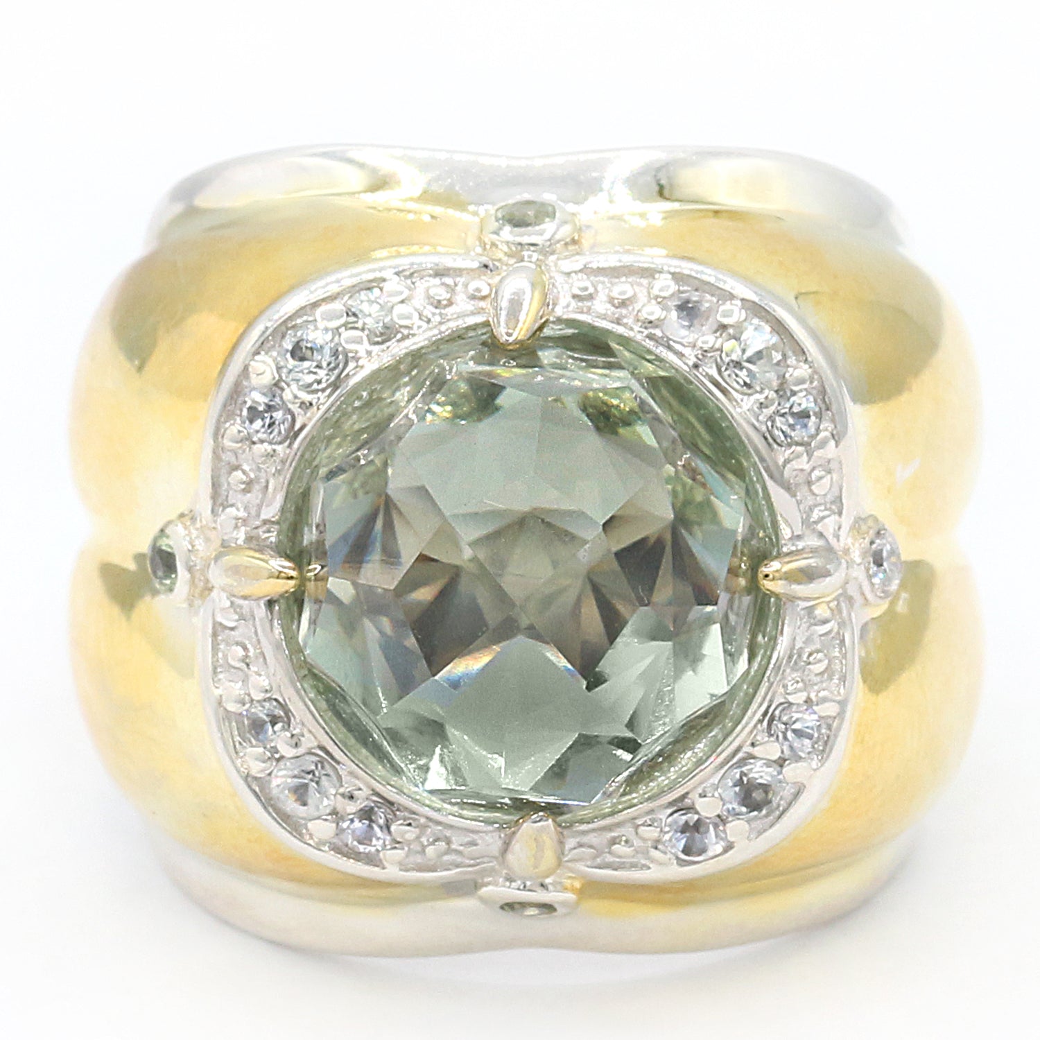 Gems en Vogue 9.15ctw Prasiolite Green & White Sapphire Ring