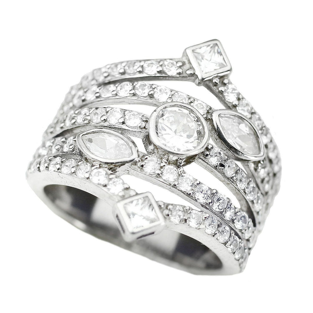 Signity Sterling Silver Multi Shape Cubic Zirconia Five-Row Ring - CAN