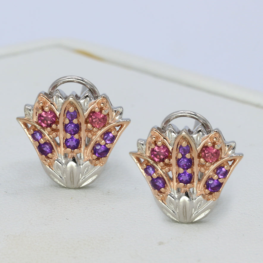 Gems en Vogue 0.62ctw Cleopatra African Amethyst & Pink Tourmaline Flower Earrings