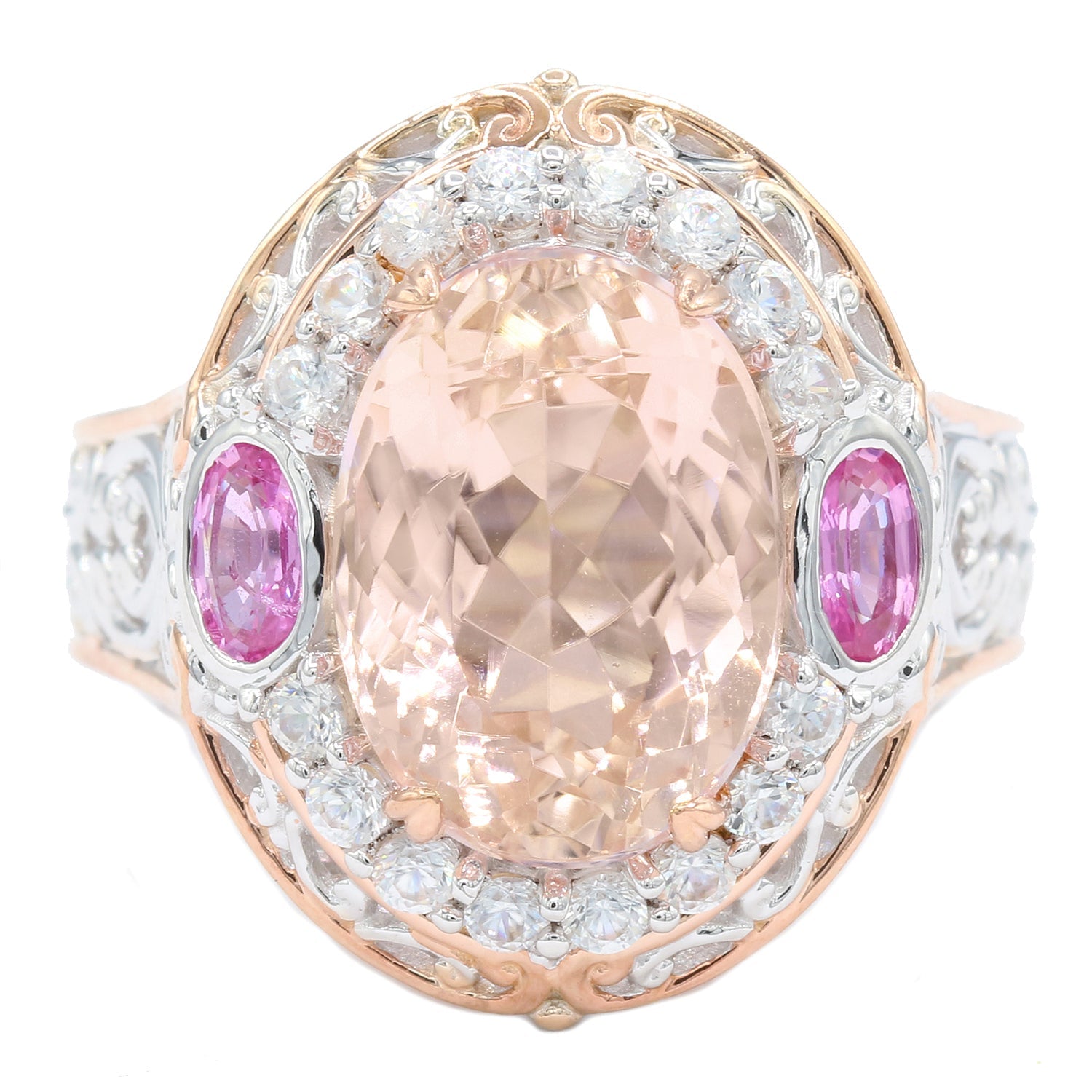 Gems en Vogue 7.85ctw Peach Morganite Pink Sapphire & White Zircon Ring